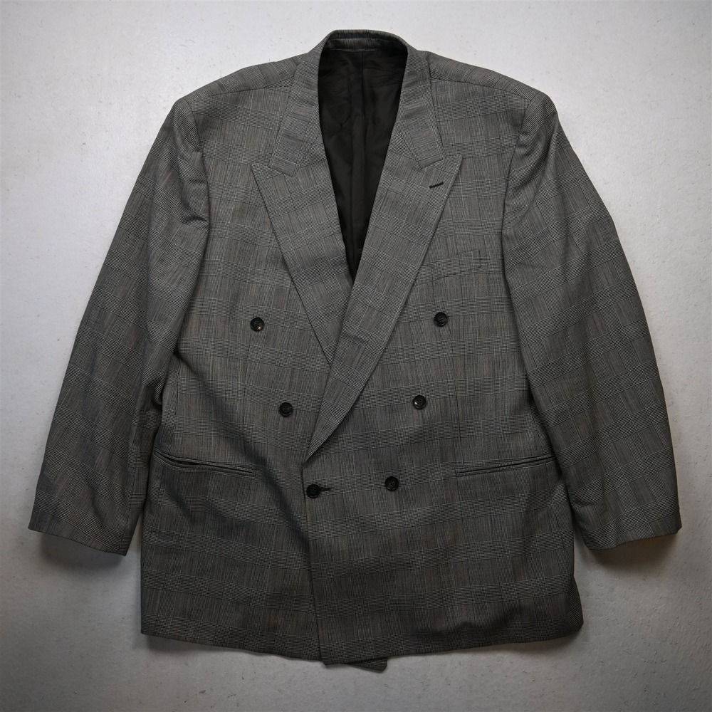 Vtg Mens Double Breasted 52L Gray Glenn Check 100% Wool Blazer Sport Coat